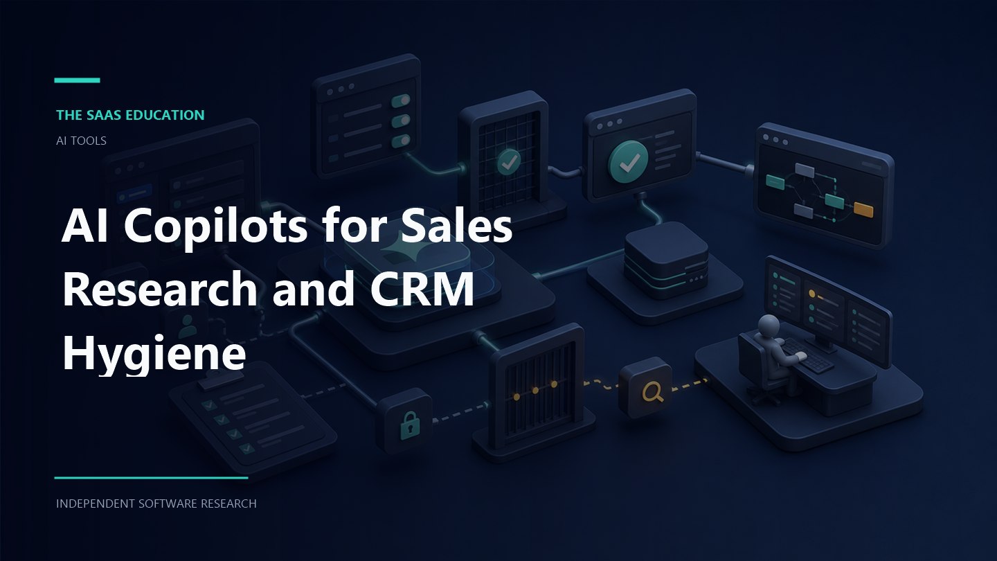 AI copilots for sales research and CRM hygiene workflow showing enrichment controls, prospect signals, and rep review checkpoints