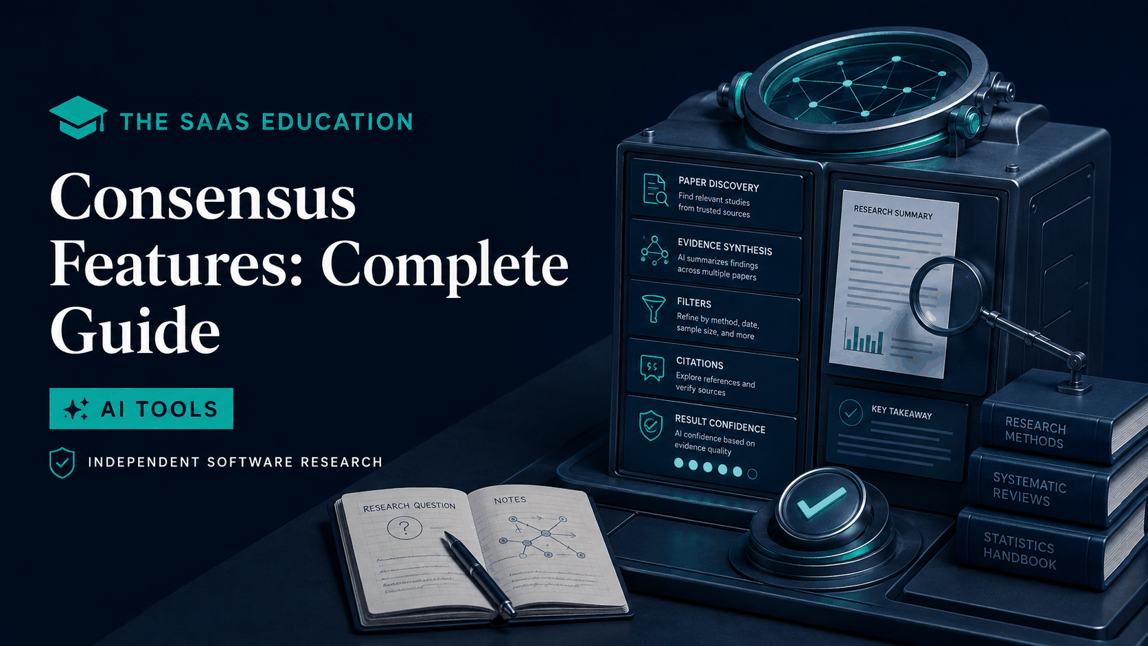 Consensus feature system for academic search, synthesis, paper analysis, filters, lists, and research agents