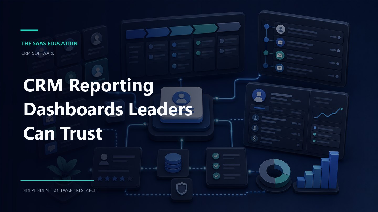 CRM Reporting Dashboards Leaders Can Trust editorial illustration showing a crm software workflow and review checkpoints