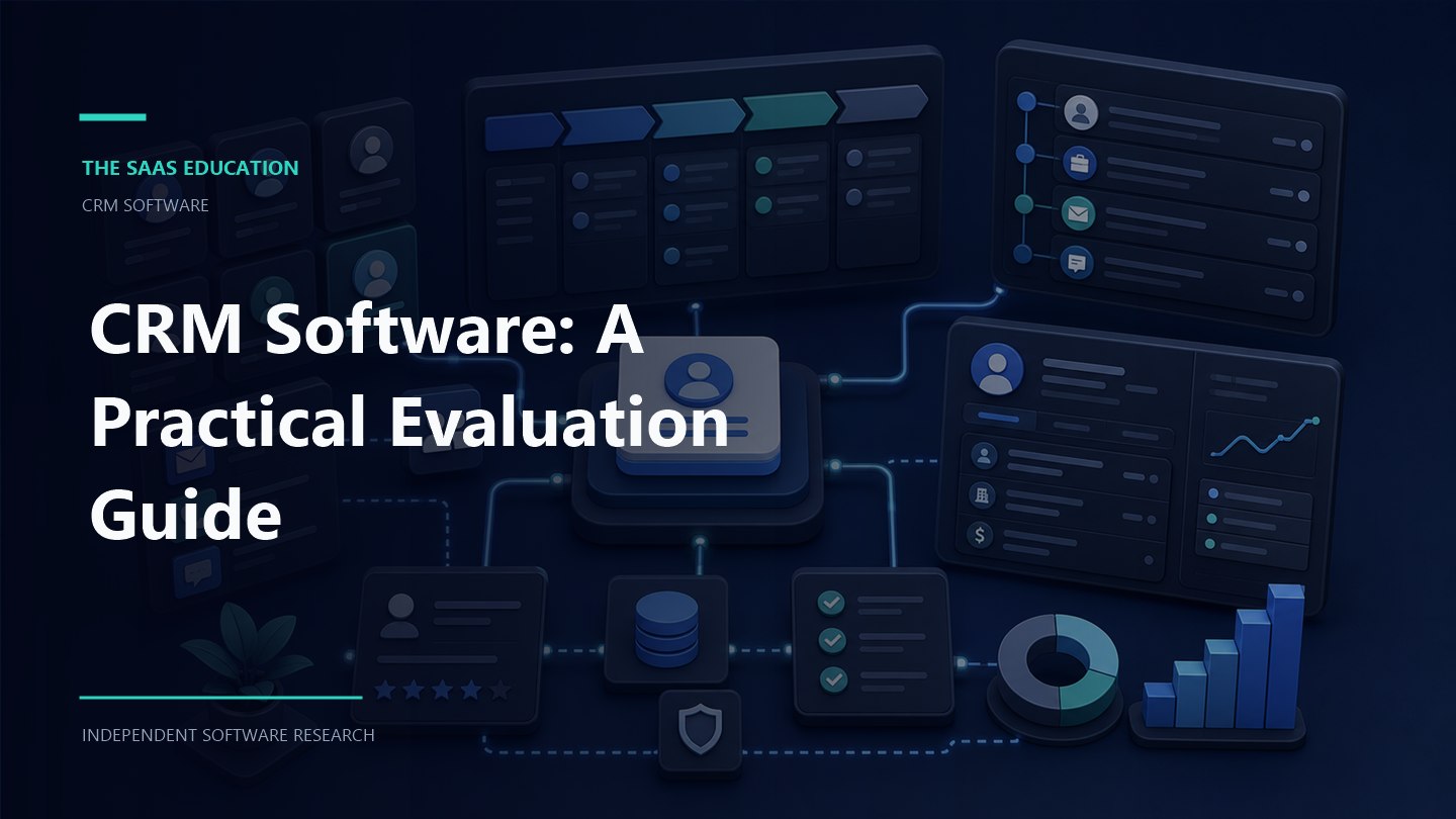CRM Software: A Practical Evaluation Guide editorial illustration showing software evaluation workflows and decision checkpoints