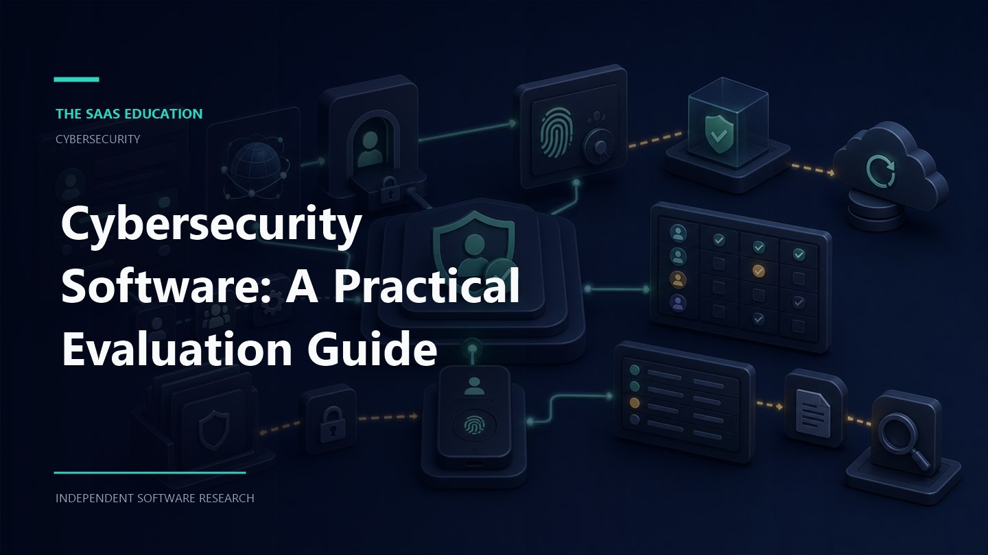 Cybersecurity software guide editorial illustration showing evaluation workflows and decision checkpoints