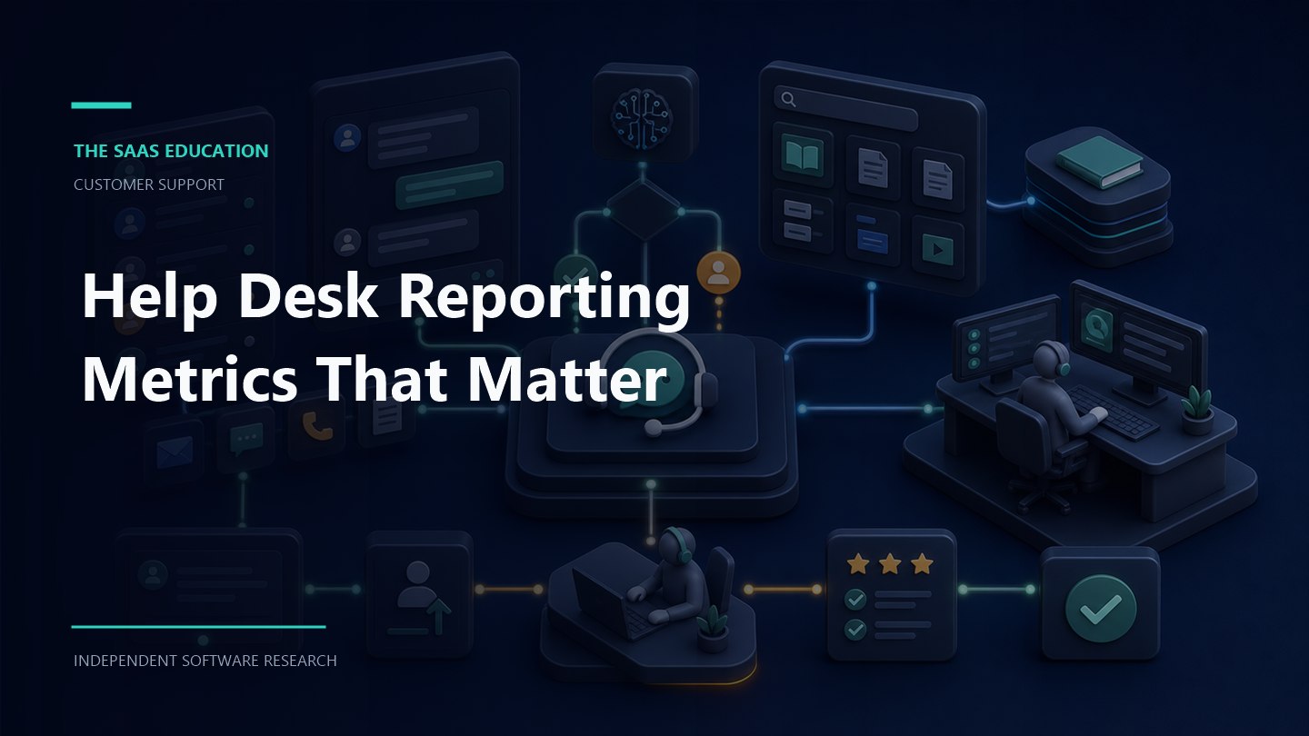 Help Desk Reporting Metrics That Matter editorial illustration showing a customer support workflow and review checkpoints