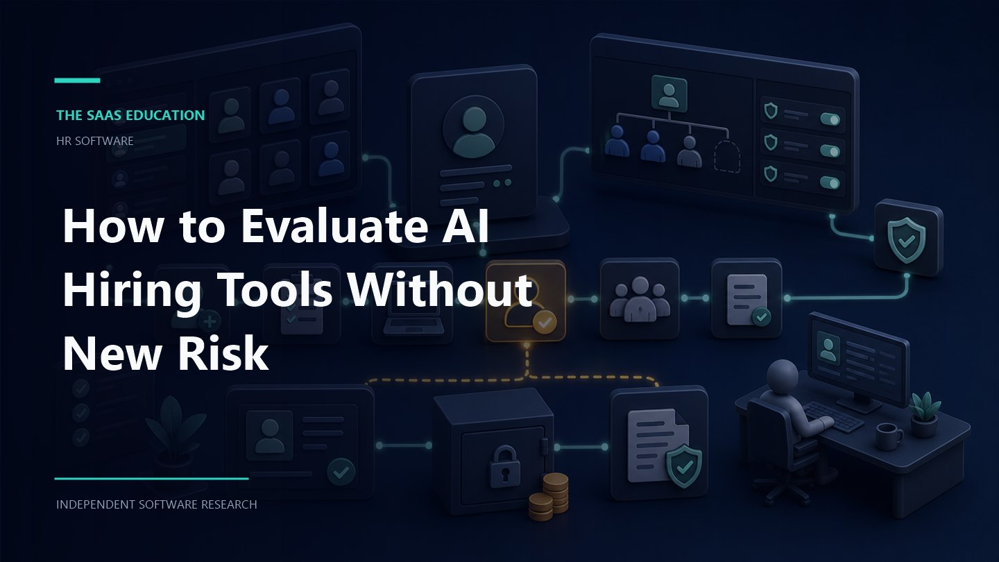 AI hiring tools evaluation diagram showing candidate review, accessibility, human oversight, and audit checkpoints