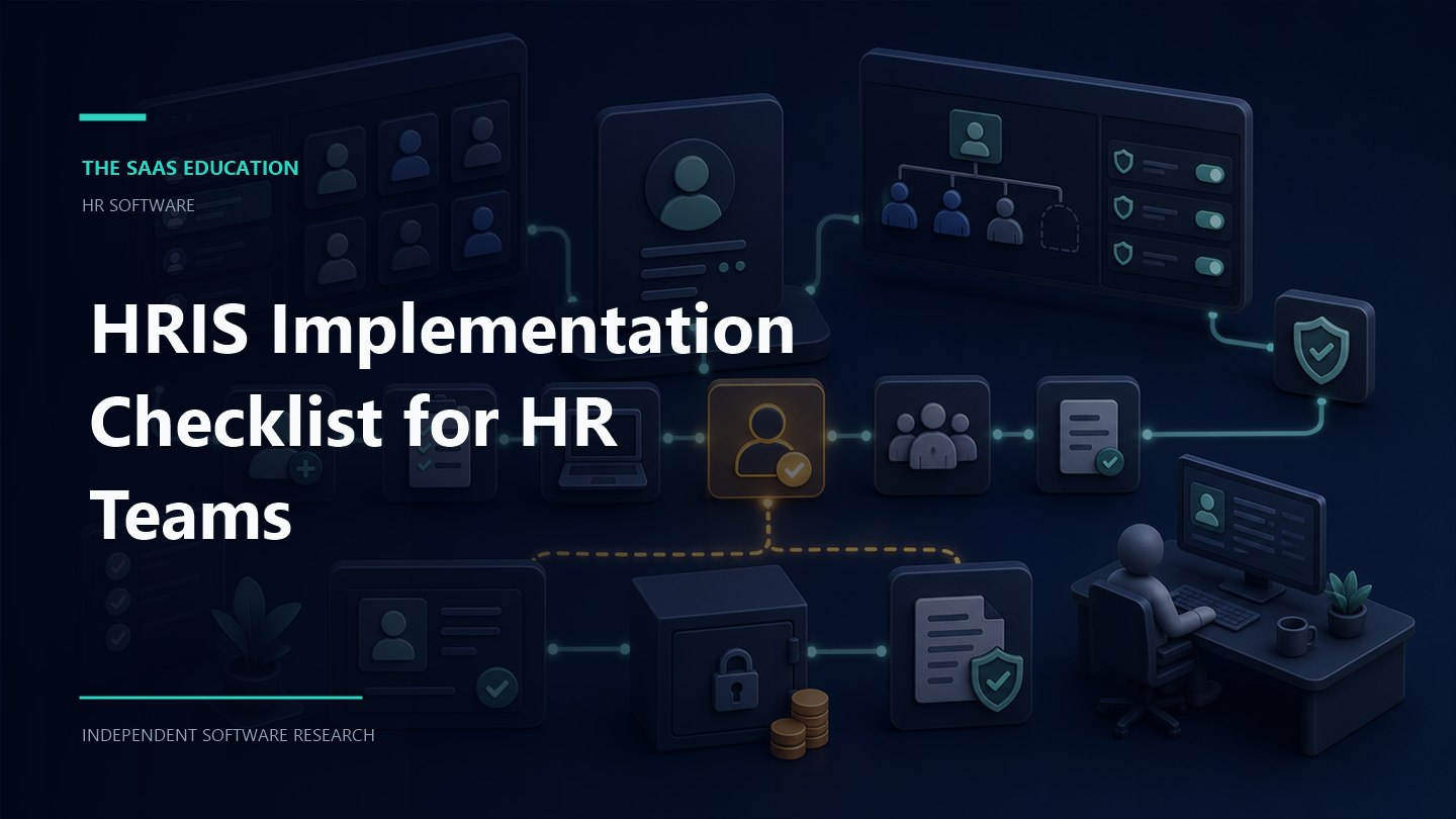 HRIS implementation checklist workflow showing evaluation criteria, ownership, controls, and review checkpoints