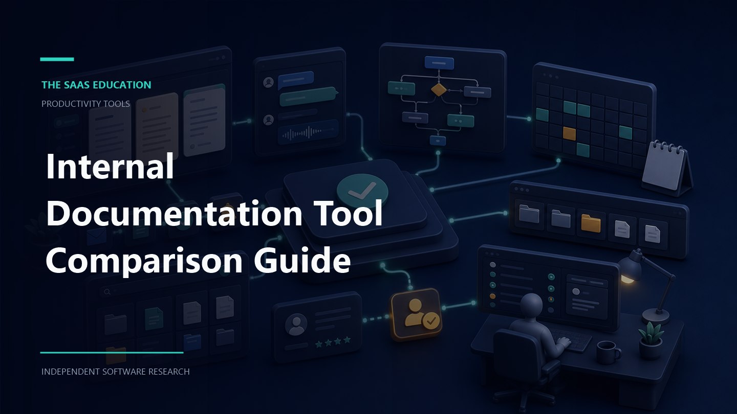 Internal Documentation Tool Comparison Guide editorial illustration showing a productivity tools workflow and review checkpoints