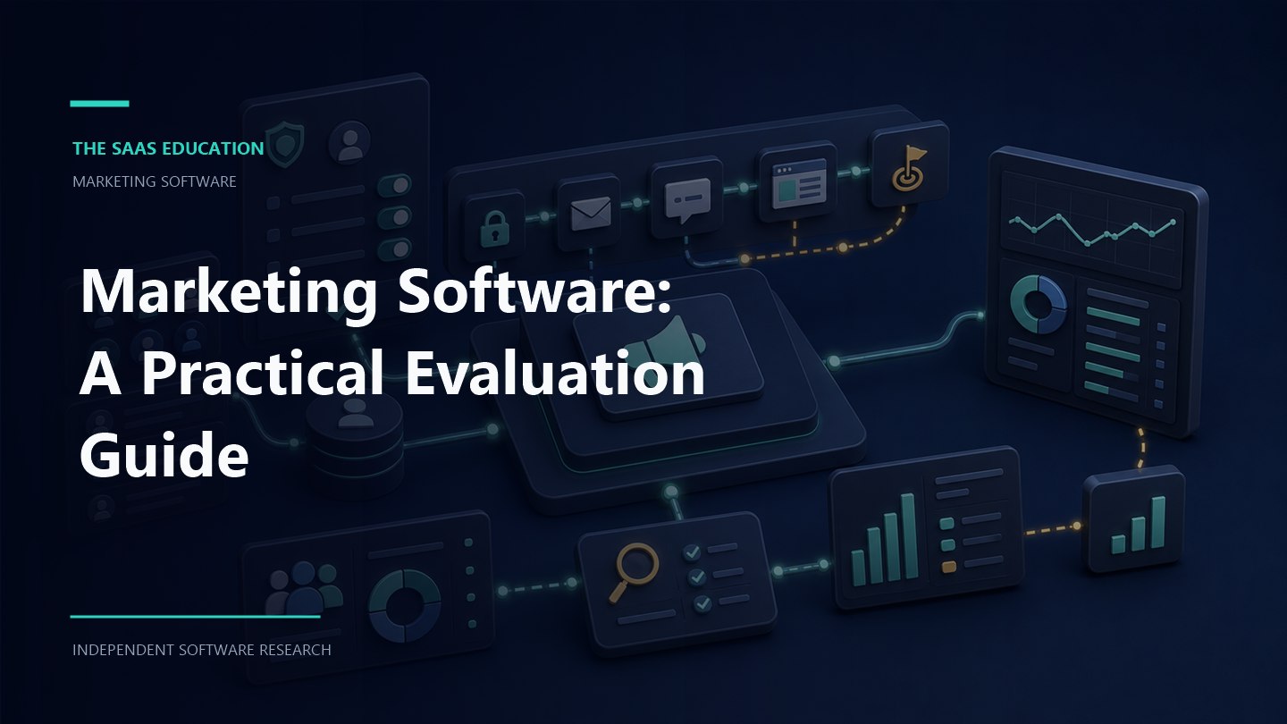 Marketing software guide editorial illustration showing evaluation workflows and decision checkpoints