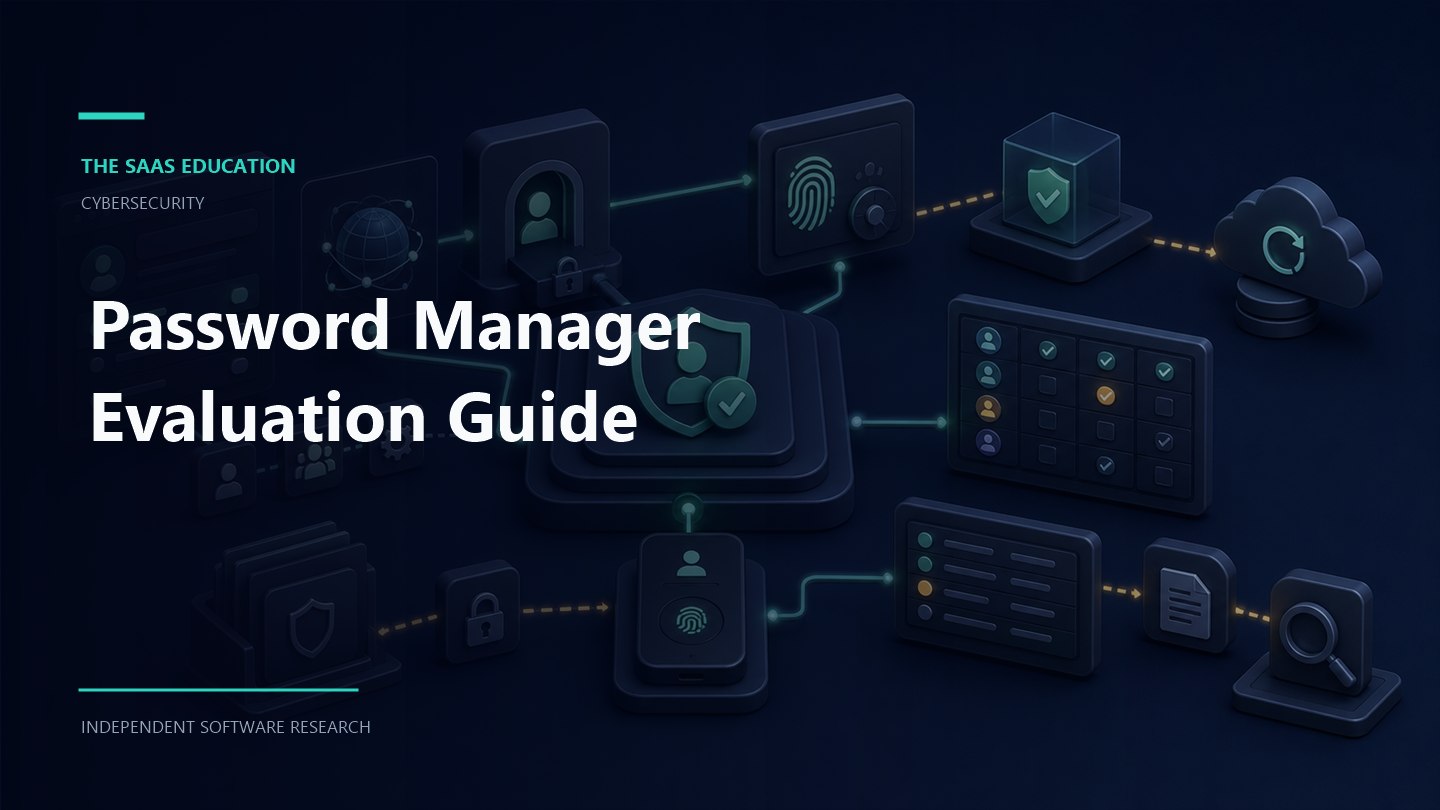 Business password manager evaluation showing shared vaults, admin policies, recovery controls, and access review checkpoints
