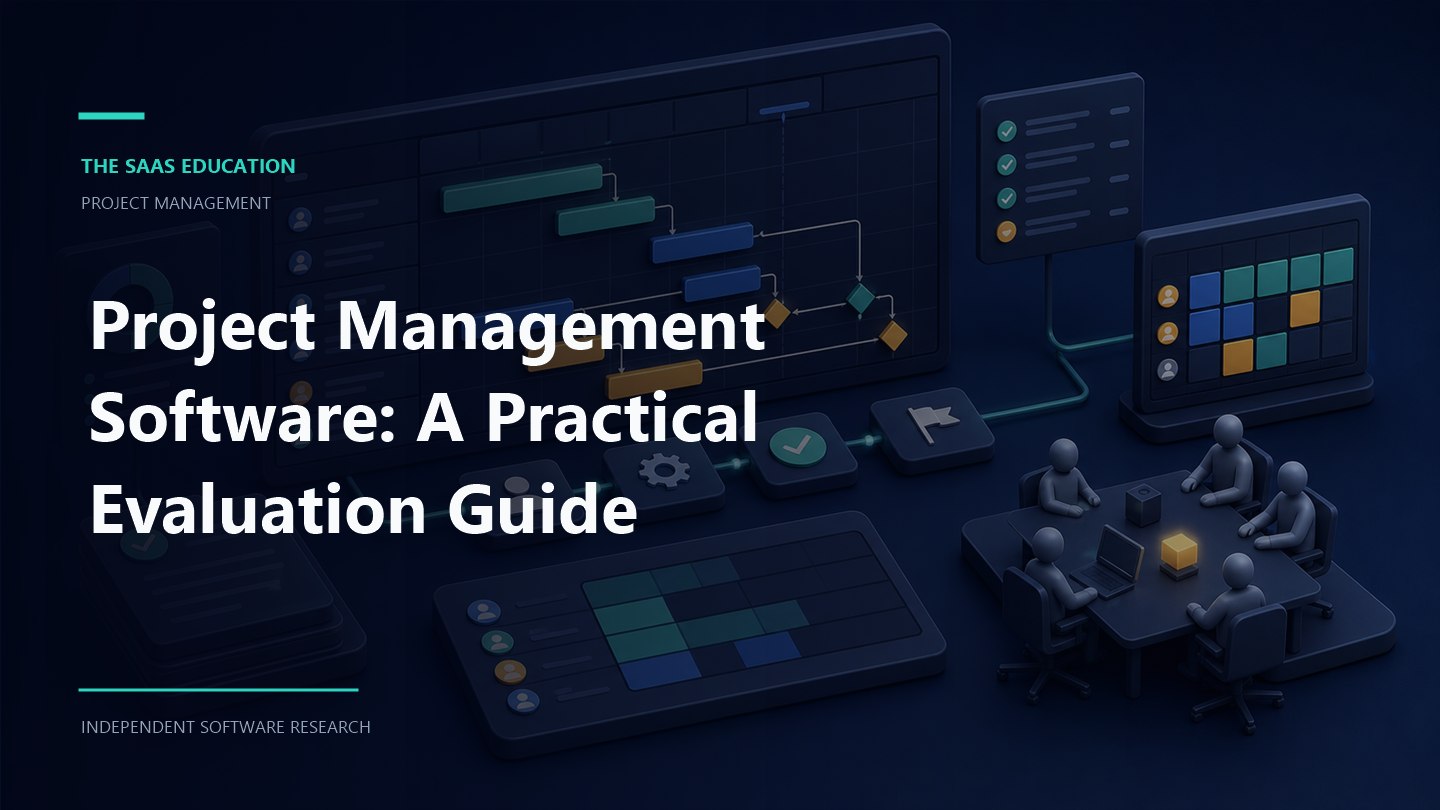 Project management software guide editorial illustration showing evaluation workflows and decision checkpoints