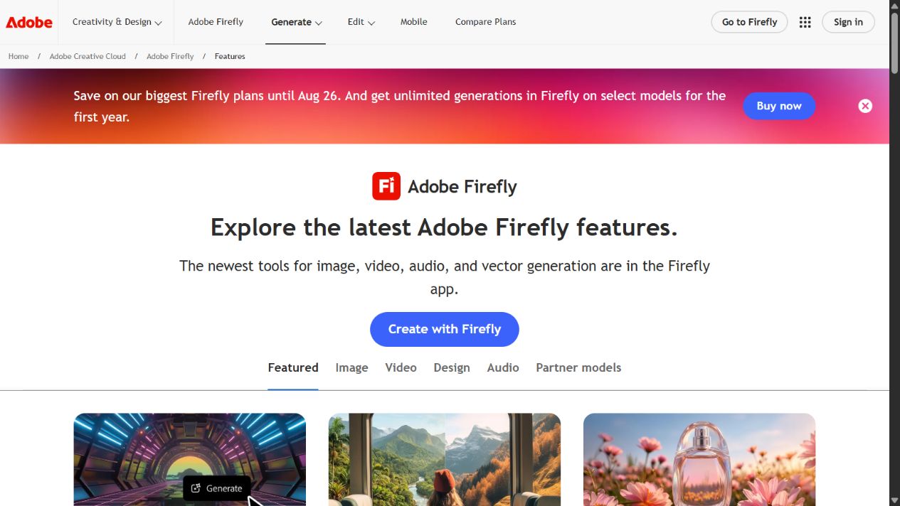 Adobe official Firefly features page showing its creative AI product categories