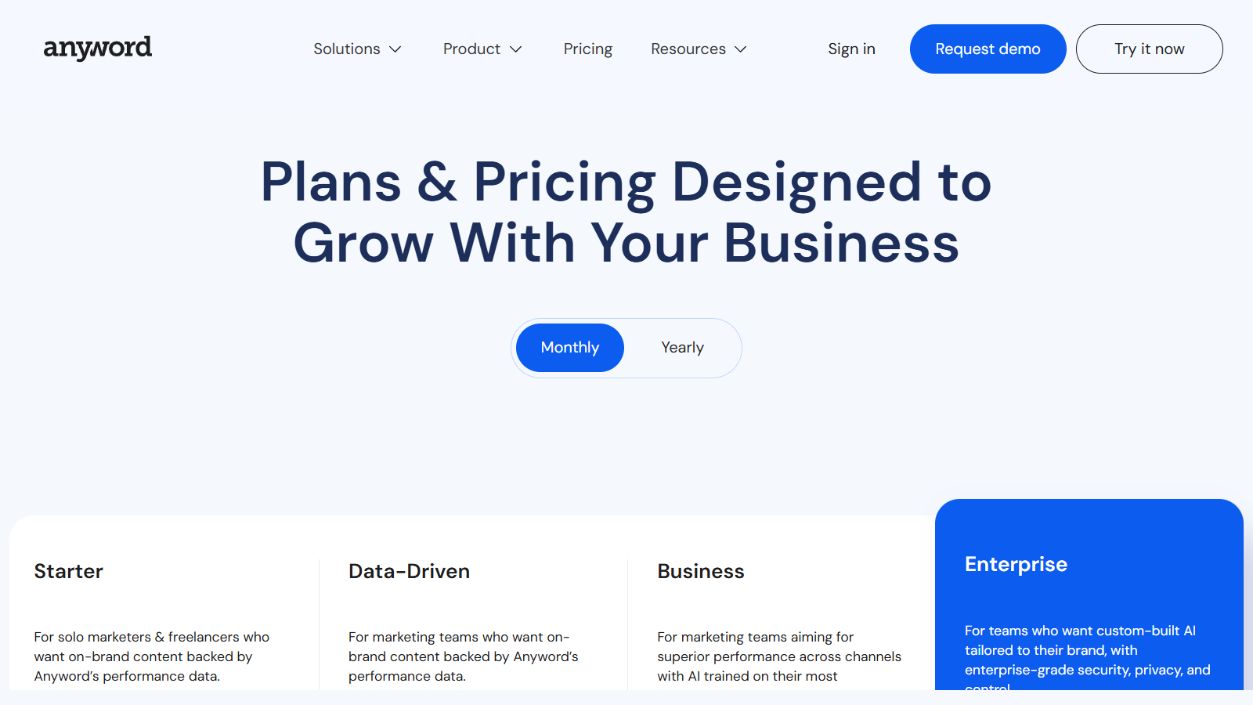 Anyword official pricing page showing Starter, Data-Driven, Business, and Enterprise plans