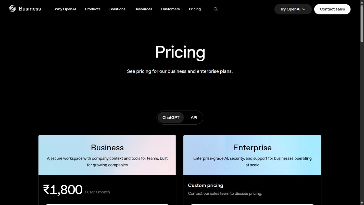OpenAI Business pricing page showing ChatGPT Business and Enterprise plans
