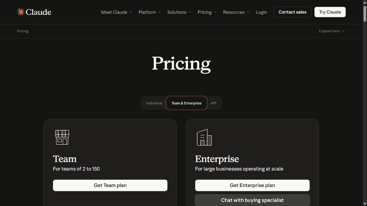 Anthropic Claude pricing page showing Team and Enterprise plan options