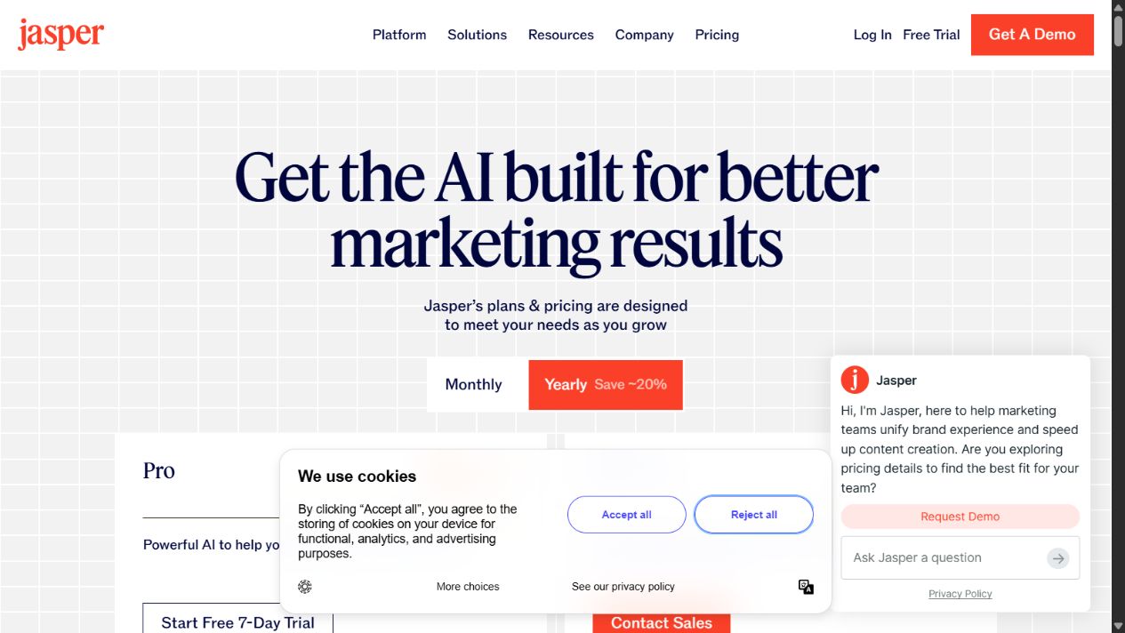 Jasper pricing page showing Pro and Business plan options