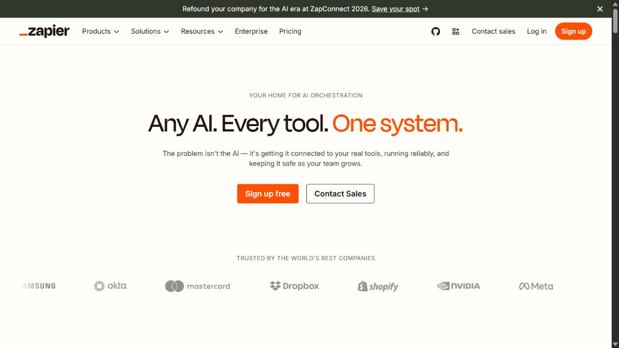 Zapier AI product page describing AI orchestration across business tools